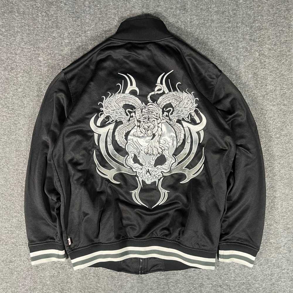 Vintage Miskeen Track Jacket Y2K Tribal Tiger Dragon Skull Black Mens XL